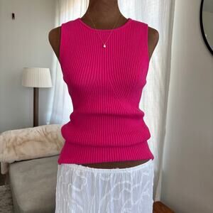 Women's Bright Hot Pink Tank Blouse Ribbed Knit Texture Spring Summer Large